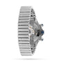 Side view of the Breitling Super Chronomat B01 44 in stainless steel, featuring a transparent case back that reveals its mechanical chronograph movement and a metal link bracelet.