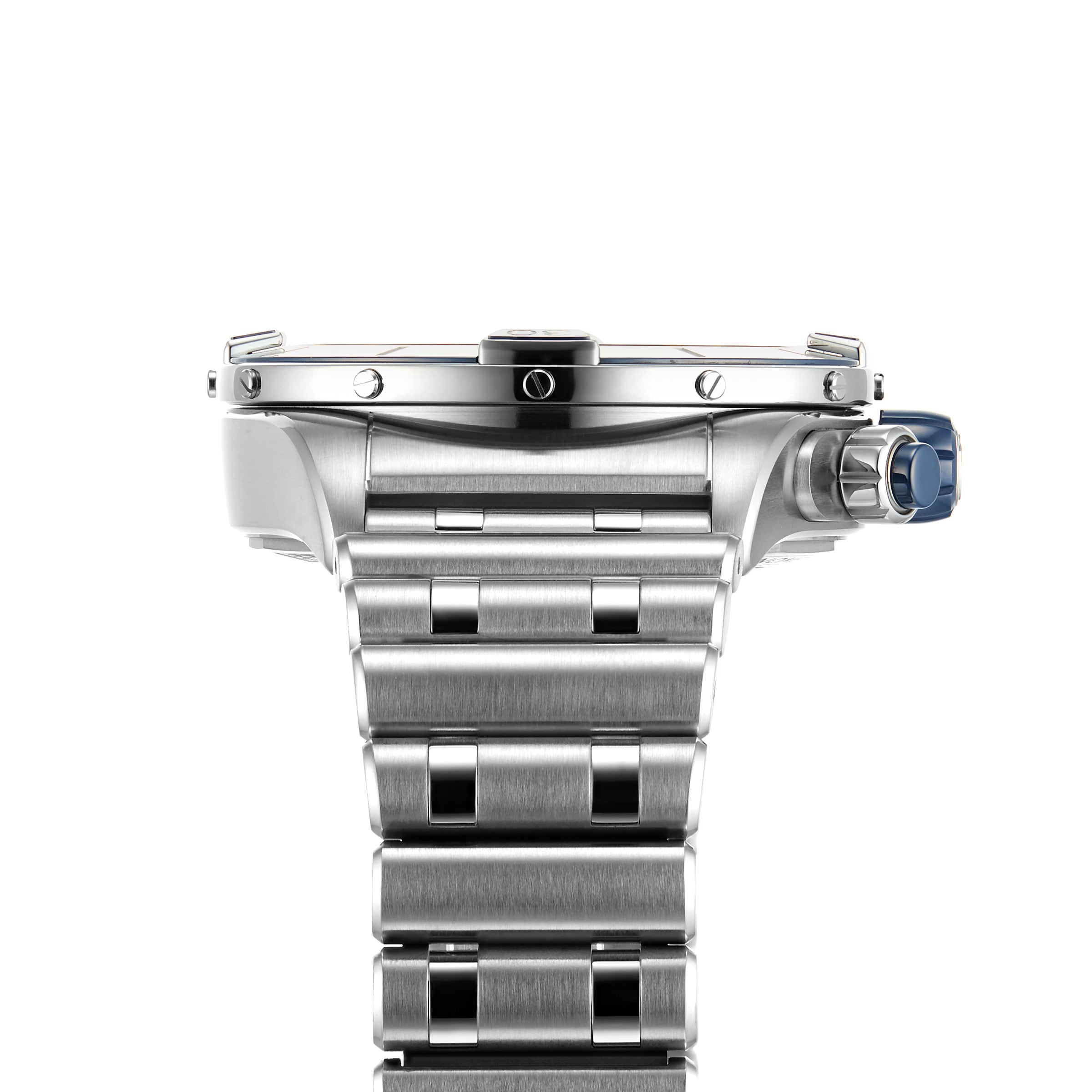 Close-up side view of the Breitling Super Chronomat B01 44 in silver metal with a linked bracelet, highlighting its round crown featuring a blue accent on the right—a true mechanical chronograph masterpiece.