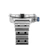 Close-up side view of the Breitling Super Chronomat B01 44 in silver metal with a linked bracelet, highlighting its round crown featuring a blue accent on the right—a true mechanical chronograph masterpiece.
