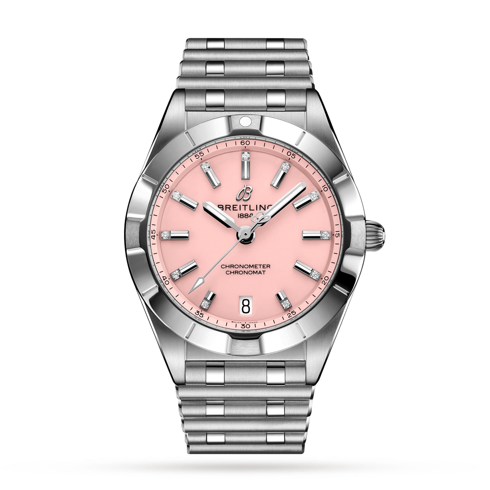 The Breitling Chronomat 32 is a stainless steel wristwatch with a pink dial, silver hour markers and hands, a date window at 6 o’clock, and a signature Rouleaux bracelet.