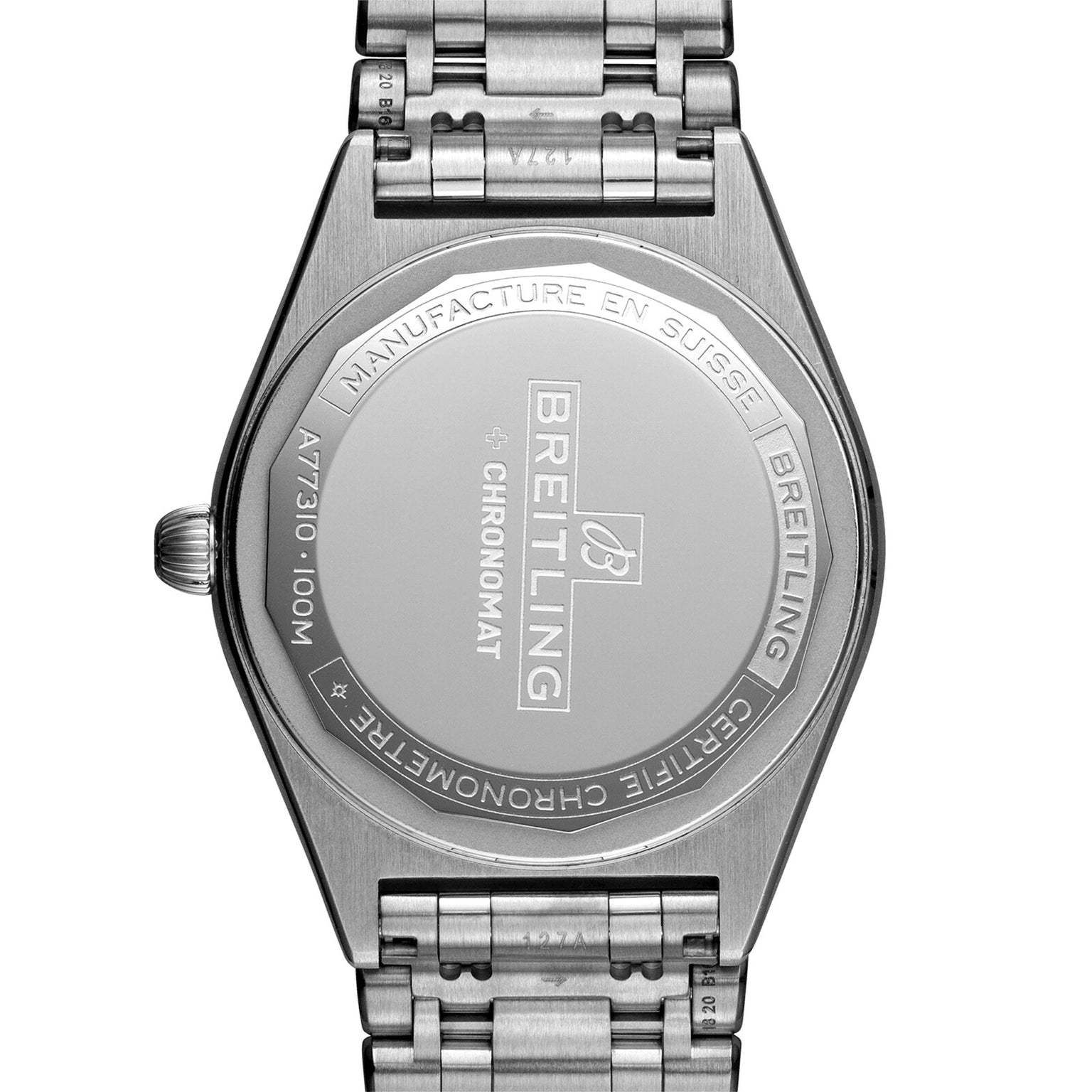 Back view of a stainless steel Breitling Chronomat 32 watch featuring an engraved caseback with model and water resistance details, attached to the signature Rouleaux bracelet.