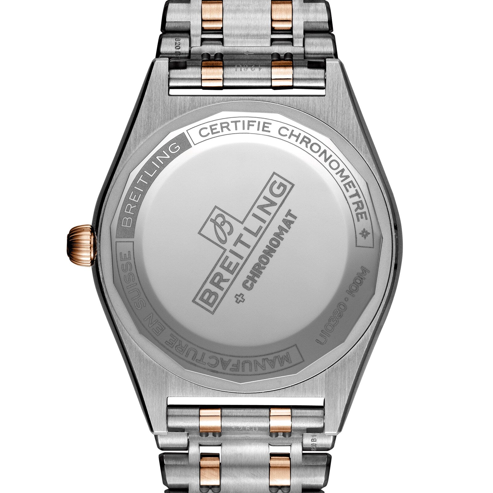 The back of the Breitling Chronomat Automatic 36 in stainless steel with gold accents features engraved branding, COSC certification, and is complemented by its iconic Rouleaux bracelet.