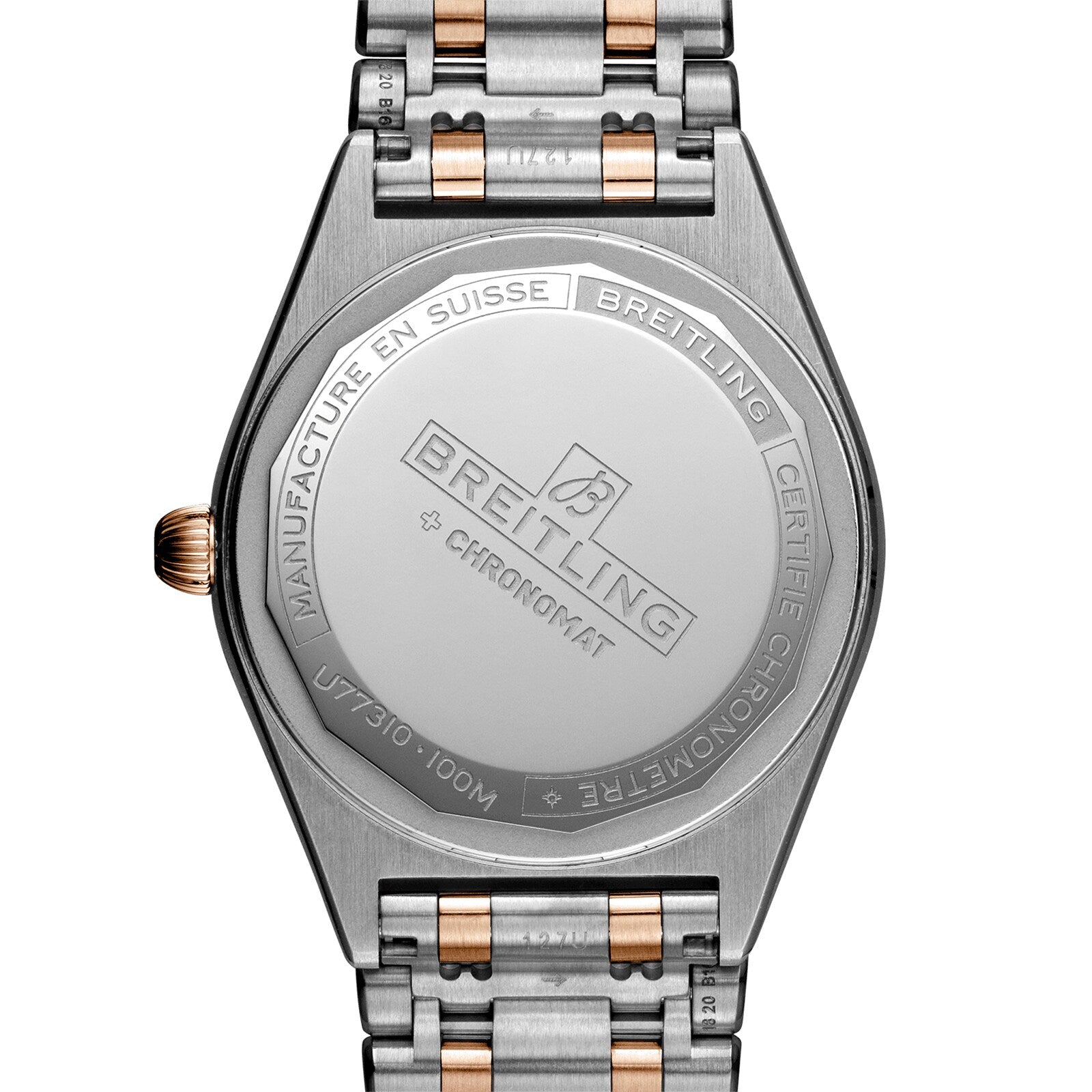 The back of the Breitling Chronomat 32 watch displays engraved branding, model details, and a two-tone metal bracelet—a refined timepiece that highlights the Chronomat 32’s iconic style and precision.