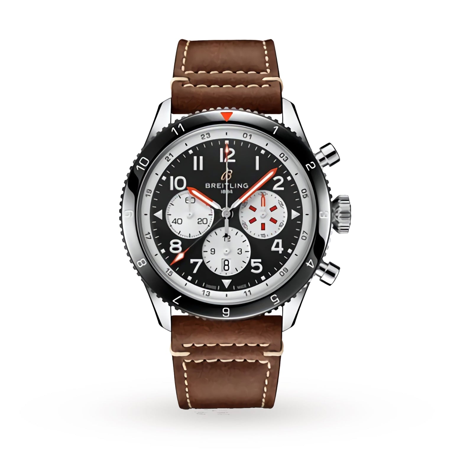 The Breitling Super AVI B04 Chronograph GMT 46 Mosquito features a black dial with three subdials, silver case, brown leather strap, and white hour markers—an aviation-inspired piece from the iconic Super AVI collection.