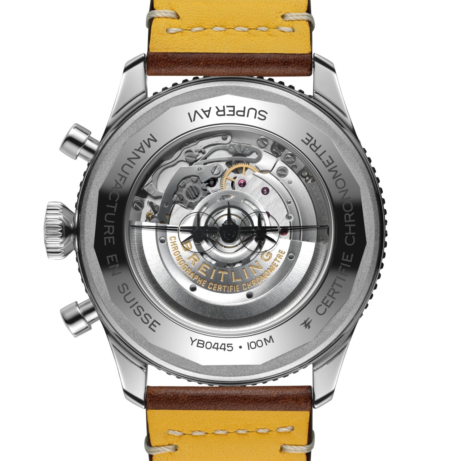 Close-up of the back of the Breitling Super AVI B04 Chronograph GMT 46 Mosquito, highlighting its exposed mechanical movement, engraved caseback text, and yellow leather strap—a tribute to Breitling’s celebrated aviation heritage.