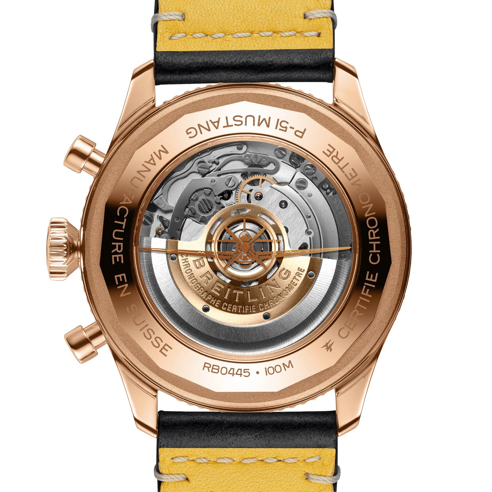 Close-up of the Breitling Super AVI B04 Chronograph GMT 46 P-51 Mustang, highlighting its exposed mechanical movement and engraved gold case with yellow leather strap—honoring the brands storied aviation legacy.