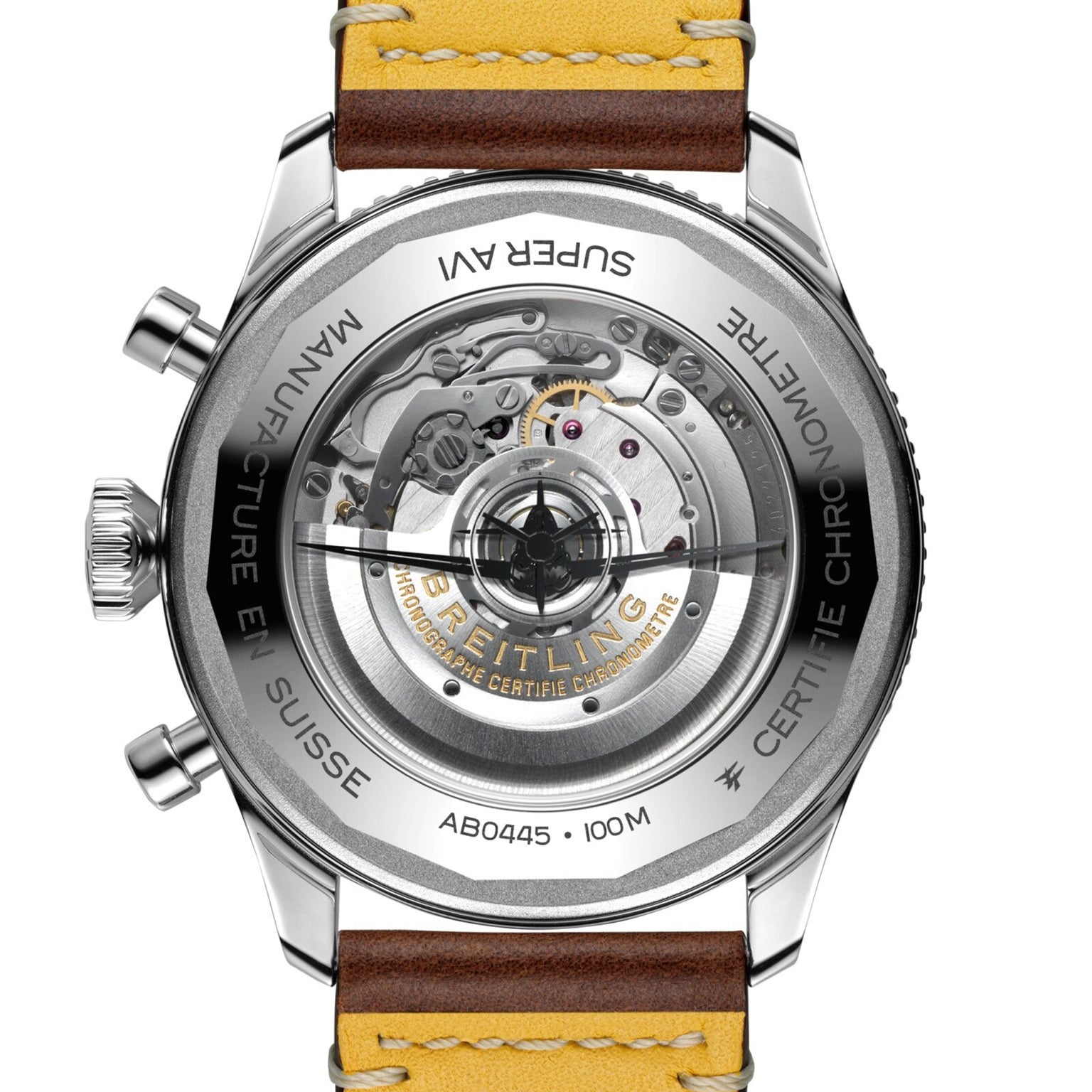 Close-up of the Breitling Super AVI B04 Chronograph GMT 46 Curtiss Warhawk, highlighting its aviation heritage with an exposed mechanical movement and a brown leather strap inspired by the Curtiss P-40 era.