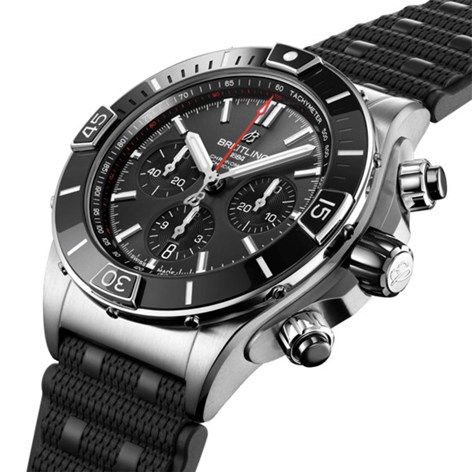 A close-up of the Breitling Super Chronomat B01 44 highlights its stainless steel case, black dial with three subdials, rotating bezel, and textured black strap—showcasing the precision of this mechanical chronograph.