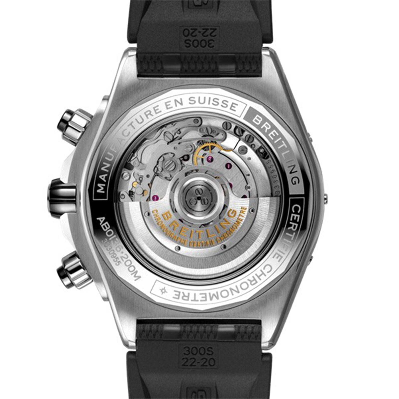 Back view of the Breitling Super Chronomat B01 44 showcases its exposed mechanical chronograph movement and intricate engravings, complemented by a black rubber strap.