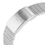 Close-up of a silver Breitling clasp engraved with BREITLING 1884, attached to a stainless steel mesh bracelet, on the Superocean Heritage B20 Automatic 42 diver’s watch.