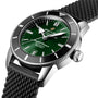 Close-up of the Breitling Superocean Heritage B20 Automatic 42, featuring a green dial, black bezel, stainless steel case, water resistance, black textured strap, and luminescent hands for better legibility.