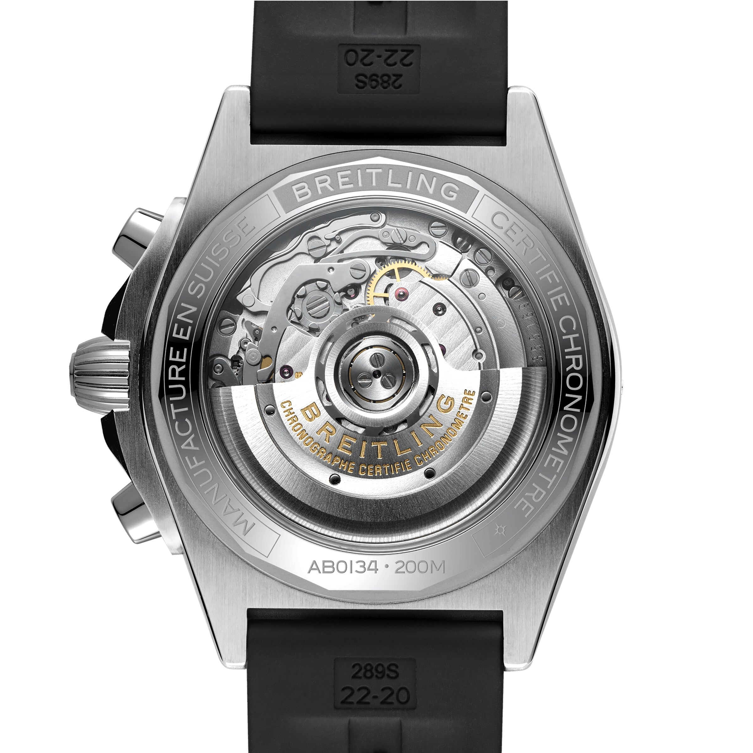The back of the Breitling Chronomat B01 42 showcases its COSC-certified Breitling 01 calibre automatic movement and features a black rubber strap.