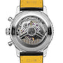 Close-up of the Breitling Navitimer B01 Chronograph 43s transparent case back, showcasing the detailed Breitling 01 calibre and labeled mechanical components inside.