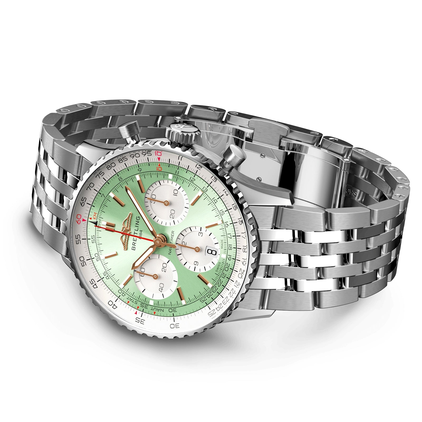 The Breitling Navitimer B01 Chronograph 41 is a stainless steel wristwatch featuring a green gradient dial, three subdials, date display, and a metal link bracelet.