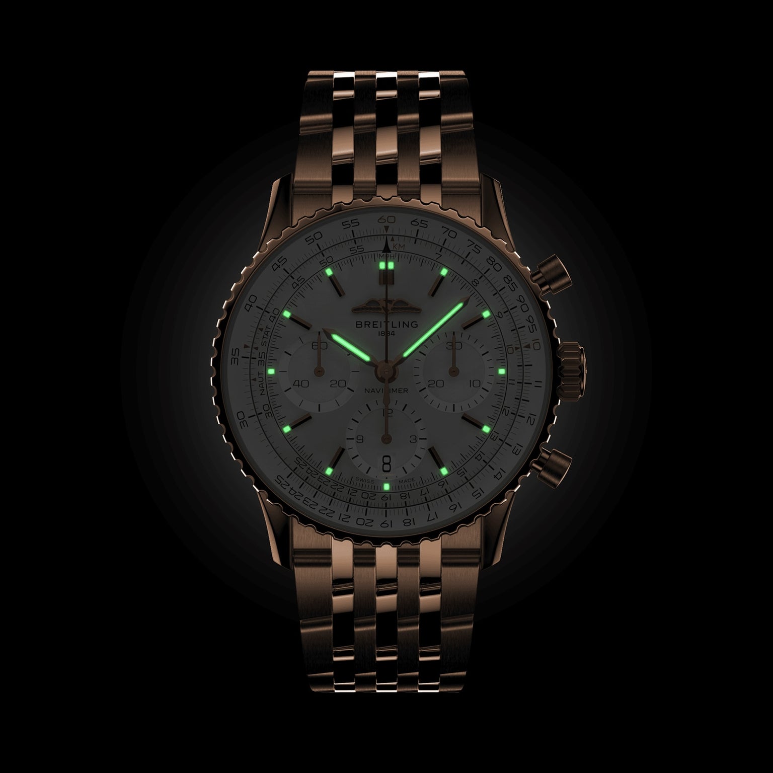 The Breitling Navitimer B01 Chronograph 41 features a metal band, illuminated hour markers and hands, and a precision chronograph, displayed against a dark background.