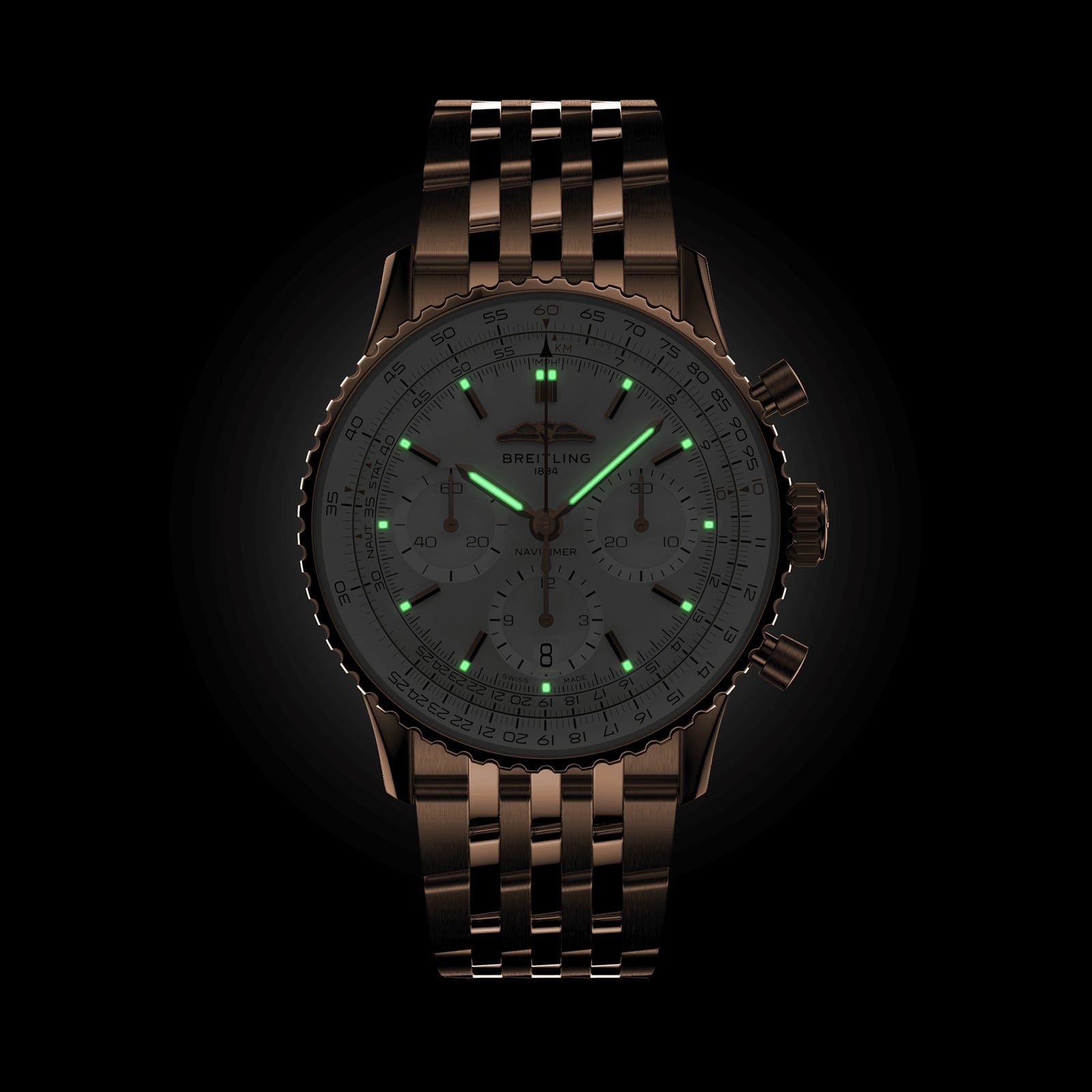 The Breitling Navitimer B01 Chronograph 41 features a metal band, illuminated hour markers and hands, and a precision chronograph, displayed against a dark background.