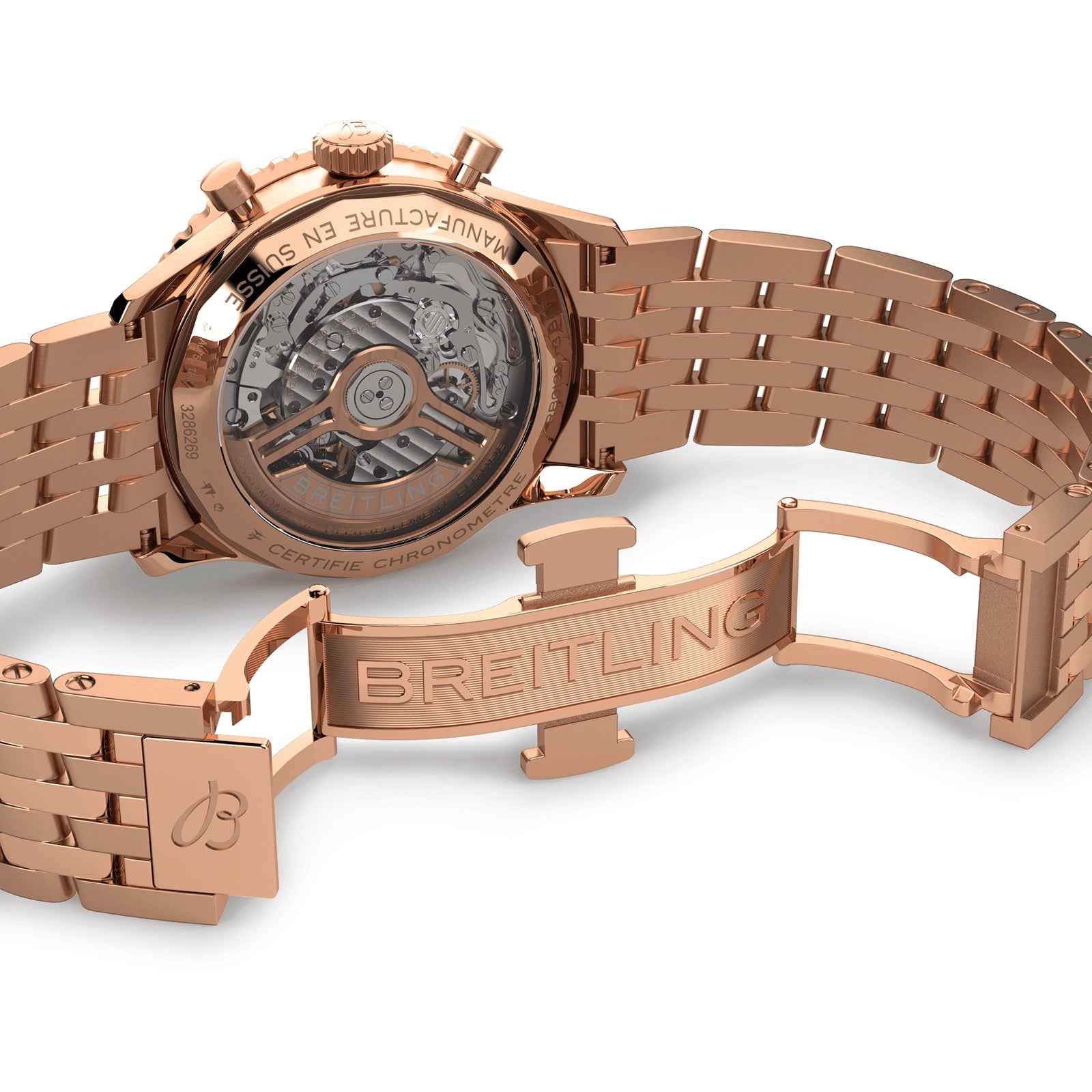 The Breitling Navitimer B01 Chronograph 41 in rose gold features an exposed mechanical movement powered by the Breitling 01 calibre, an engraved case back, and a metal bracelet clasp with the Breitling logo.
