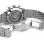 Close-up of the stainless steel Breitling Navitimer B01 Chronograph 43s case back, revealing engraved branding, a see-through back, and a metal bracelet with deployment clasp—highlighting the exceptional Breitling 01 calibre within.