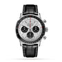 A Breitling Navitimer B01 Chronograph 43 with a black leather strap, silver dial, three subdials, and a black bezel is displayed against a white background.