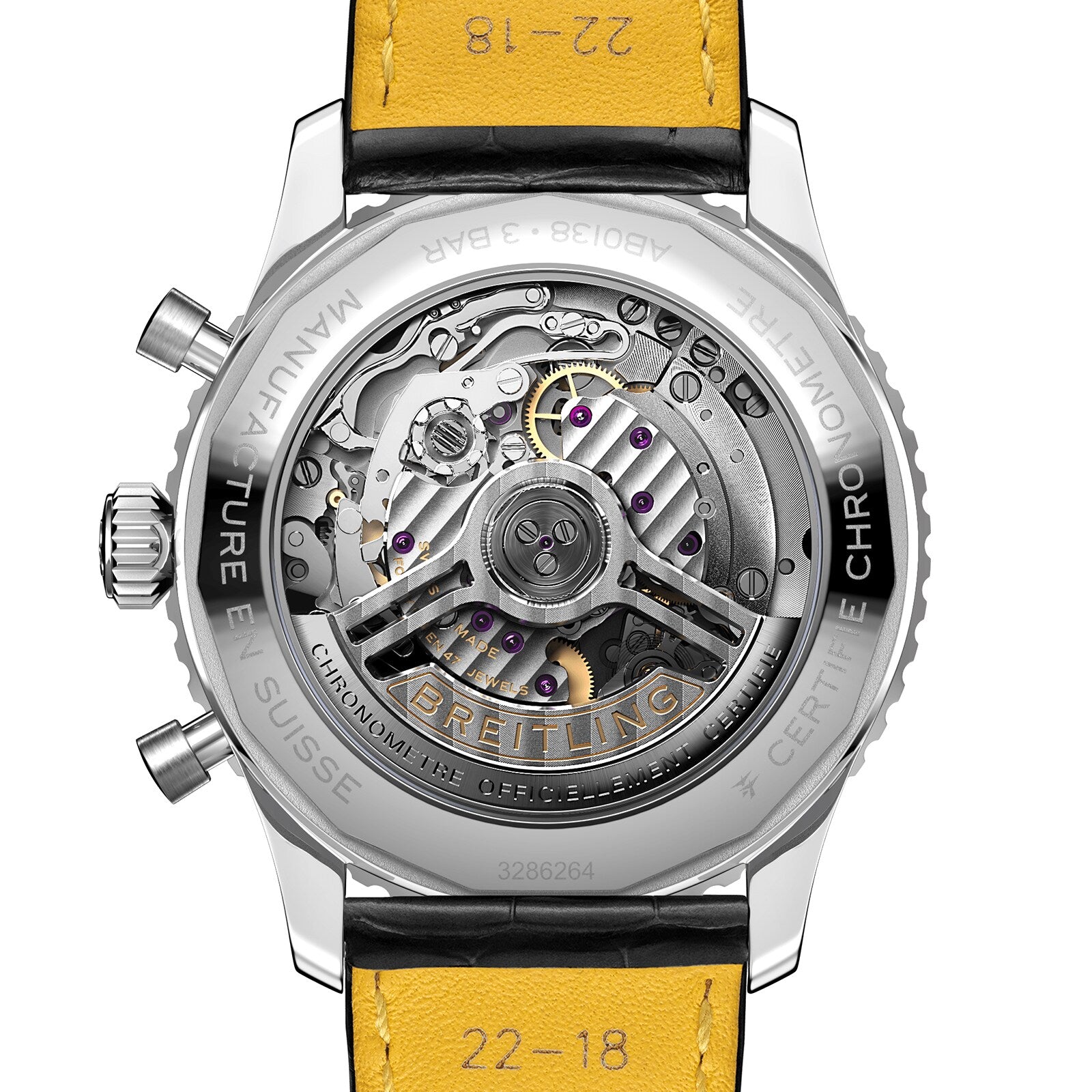 Close-up of the Breitling Navitimer B01 Chronograph 43’s caseback, showing its intricate mechanical movement, engraved details, and vibrant yellow leather strap.