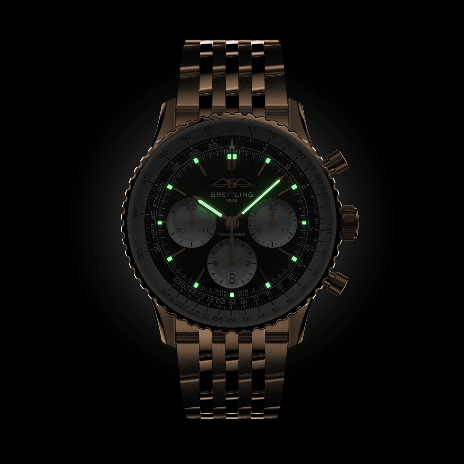 The Breitling Navitimer B01 Chronograph 43 features a metal band, black bezel, and illuminated green hour markers, offering a sophisticated design powered by the precise Breitling 01 calibre.
