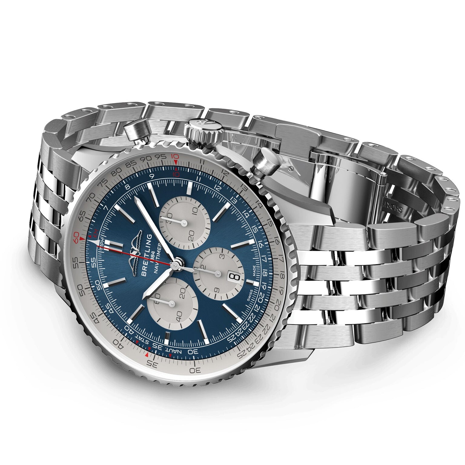 The Breitling Navitimer B01 Chronograph 46, a stainless steel wristwatch with a blue dial, three subdials, silver hour markers, and a linked metal bracelet, is displayed on a white background.