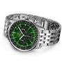 The Breitling Navitimer B01 Chronograph 46 features a stainless steel case, green dial with black subdials, silver hour markers, multi-link bracelet, and is powered by the COSC-certified Breitling 01 calibre.