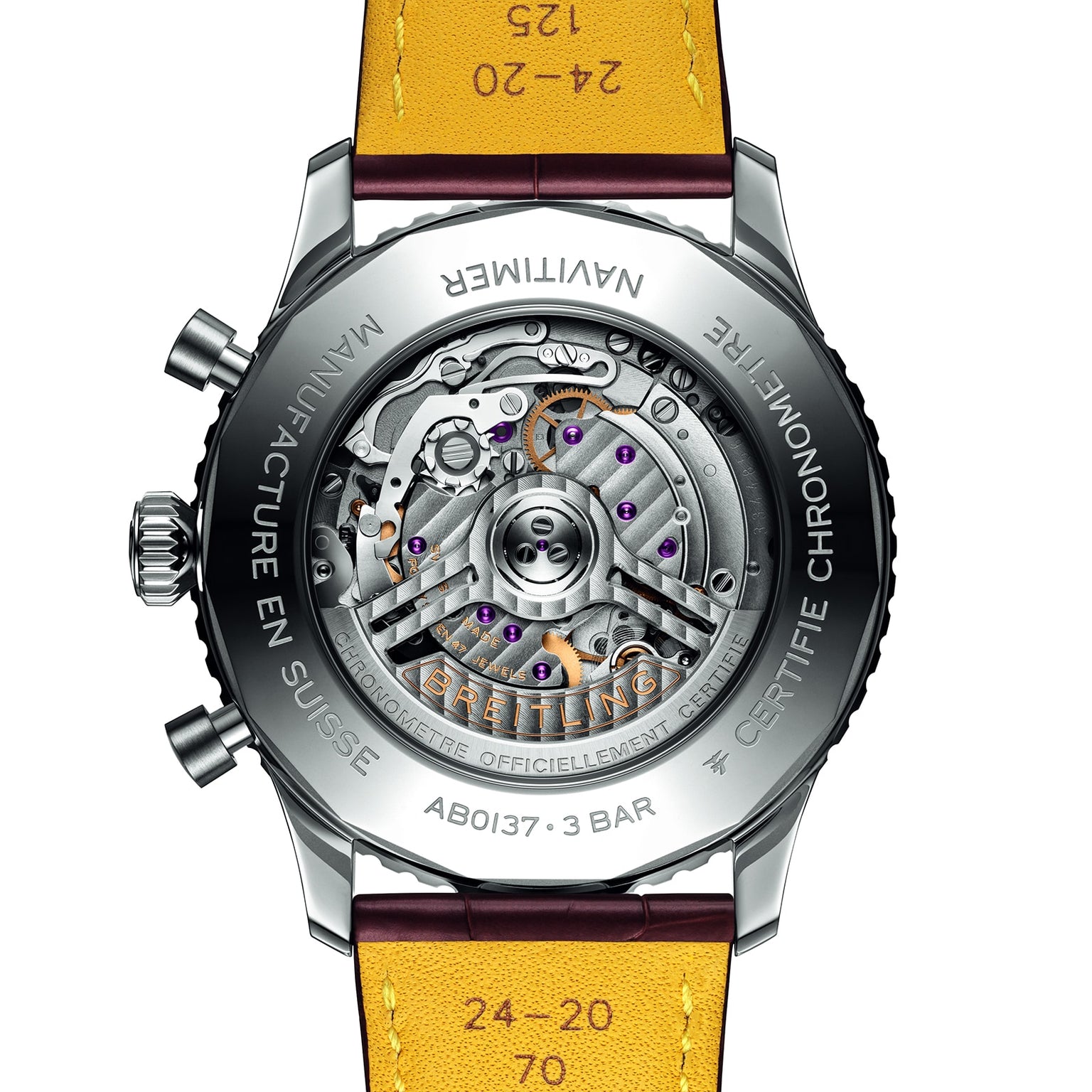 Close-up of the back of the Breitling Navitimer B01 Chronograph 46, showcasing its exposed automatic movement with visible gears, detailed engravings on the metal case, and a leather strap.