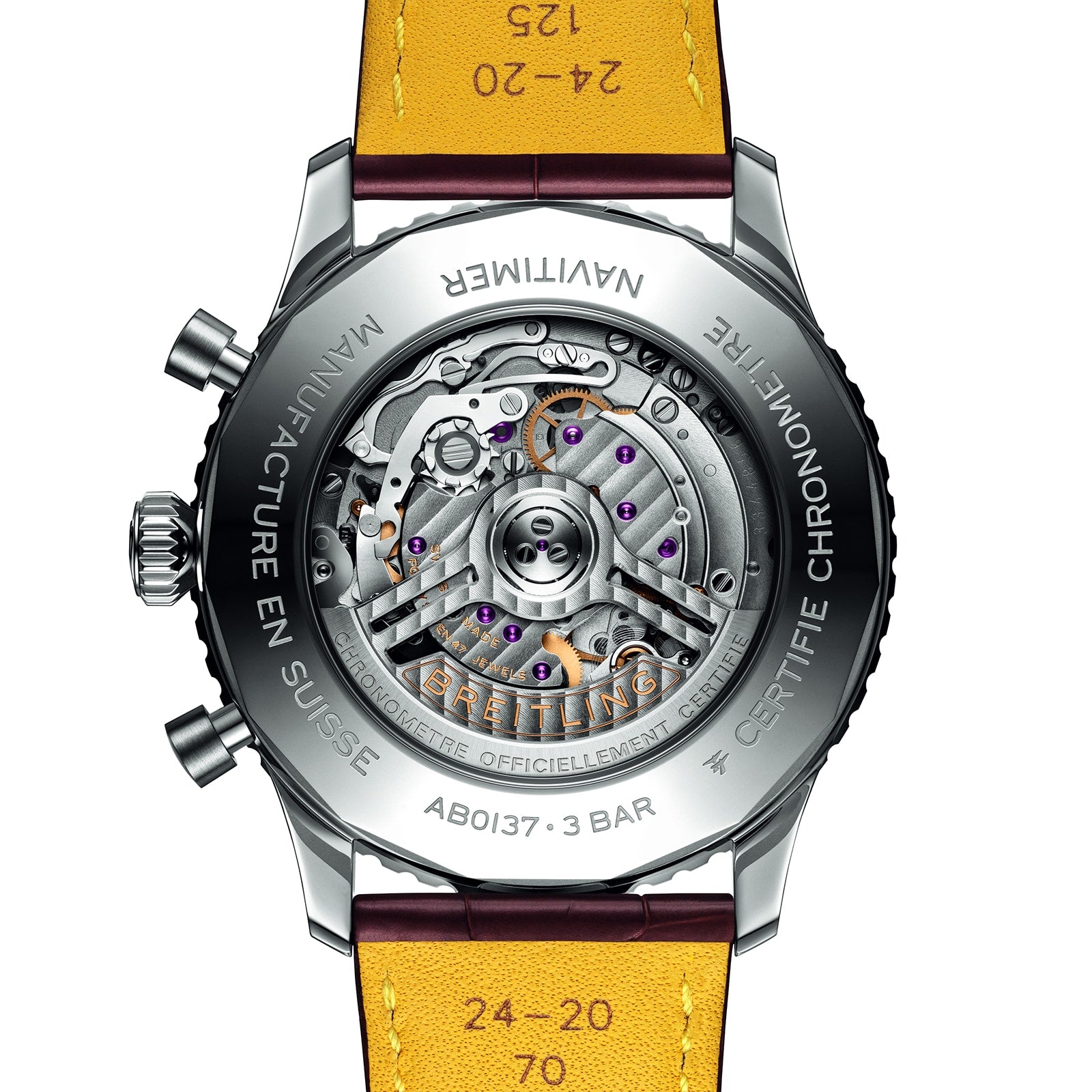 Close-up of the back of the Breitling Navitimer B01 Chronograph 46, showcasing its exposed automatic movement with visible gears, detailed engravings on the metal case, and a leather strap.