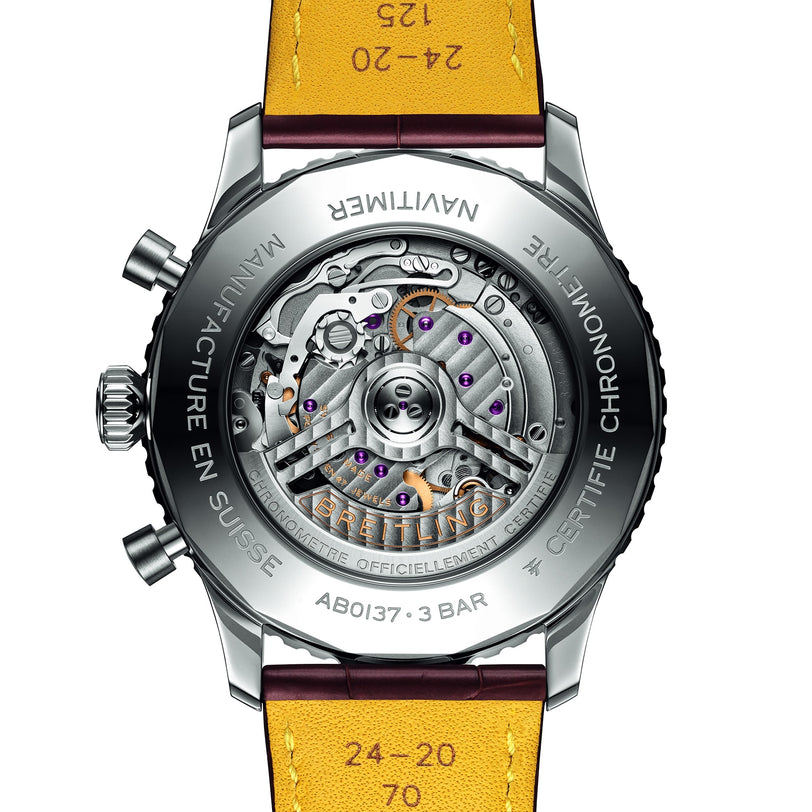 Close-up of the back of the Breitling Navitimer B01 Chronograph 46, showcasing its exposed automatic movement with visible gears, detailed engravings on the metal case, and a leather strap.