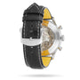 Back view of the Breitling Navitimer B01 Chronograph 46, featuring a black leather strap with visible stitching and a transparent case back displaying the Breitling 01 calibre movement.