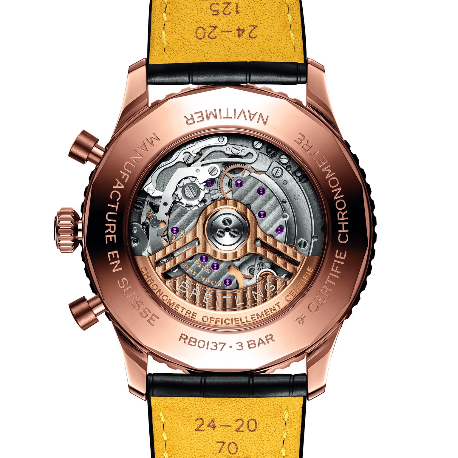 Close-up of the back of a Breitling Navitimer B01 Chronograph 46, showcasing its exposed Breitling 01 calibre movement, engraved details, and distinctive yellow leather strap.