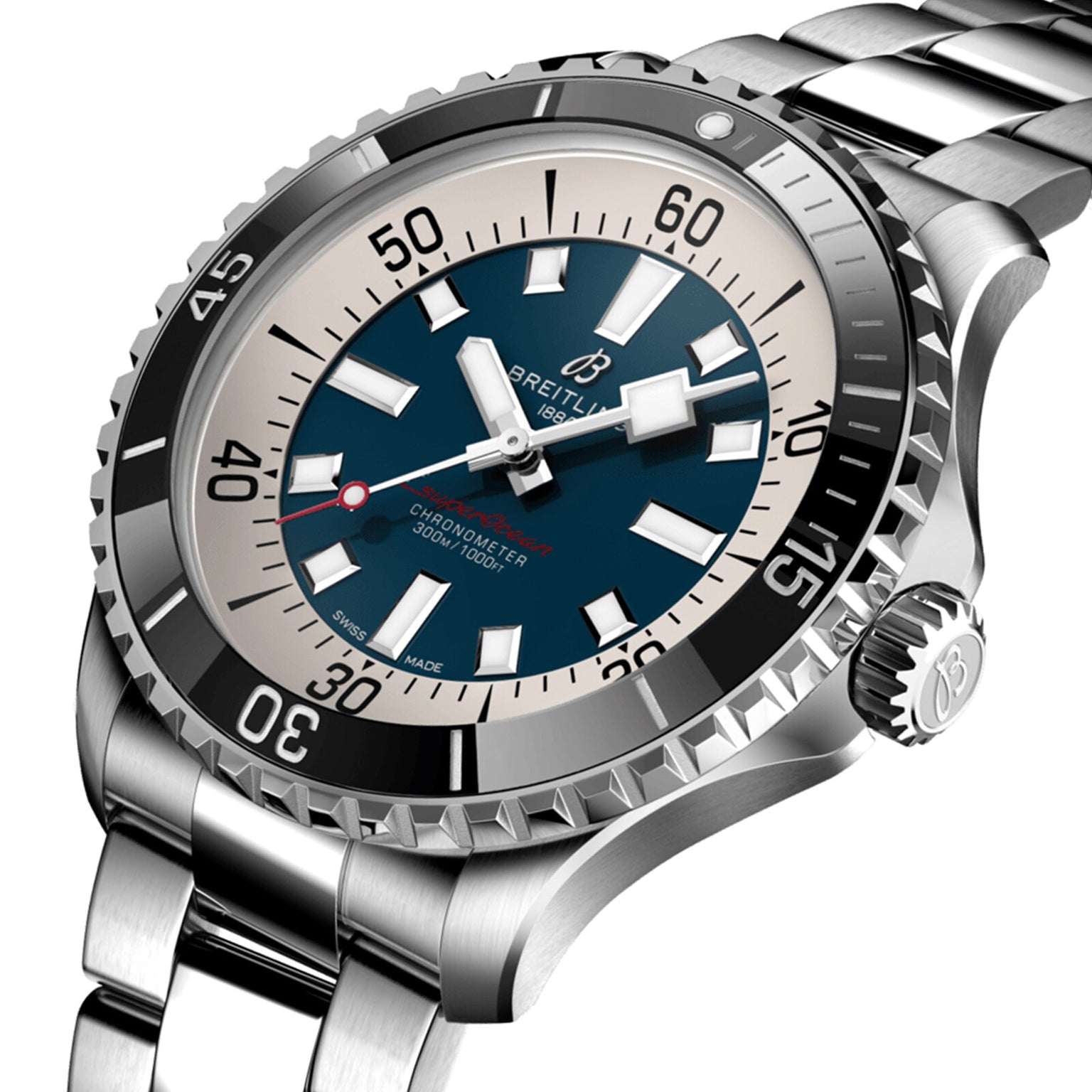 A close-up angled view of the Breitling Superocean Automatic 44, a stainless steel dive watch with blue and cream dial, bold markers, rotating bezel, metal bracelet, and automatic movement.