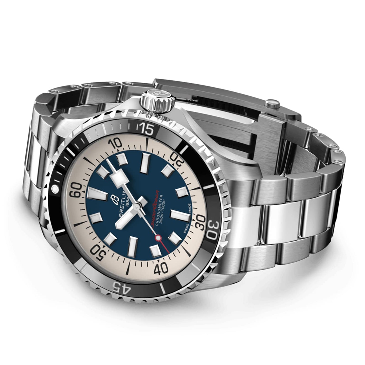 The Breitling Superocean Automatic 44 is a stainless steel dive watch featuring a black and white bezel, blue dial, bold white hour markers, and automatic Breitling 17 calibre movement on a metal bracelet.