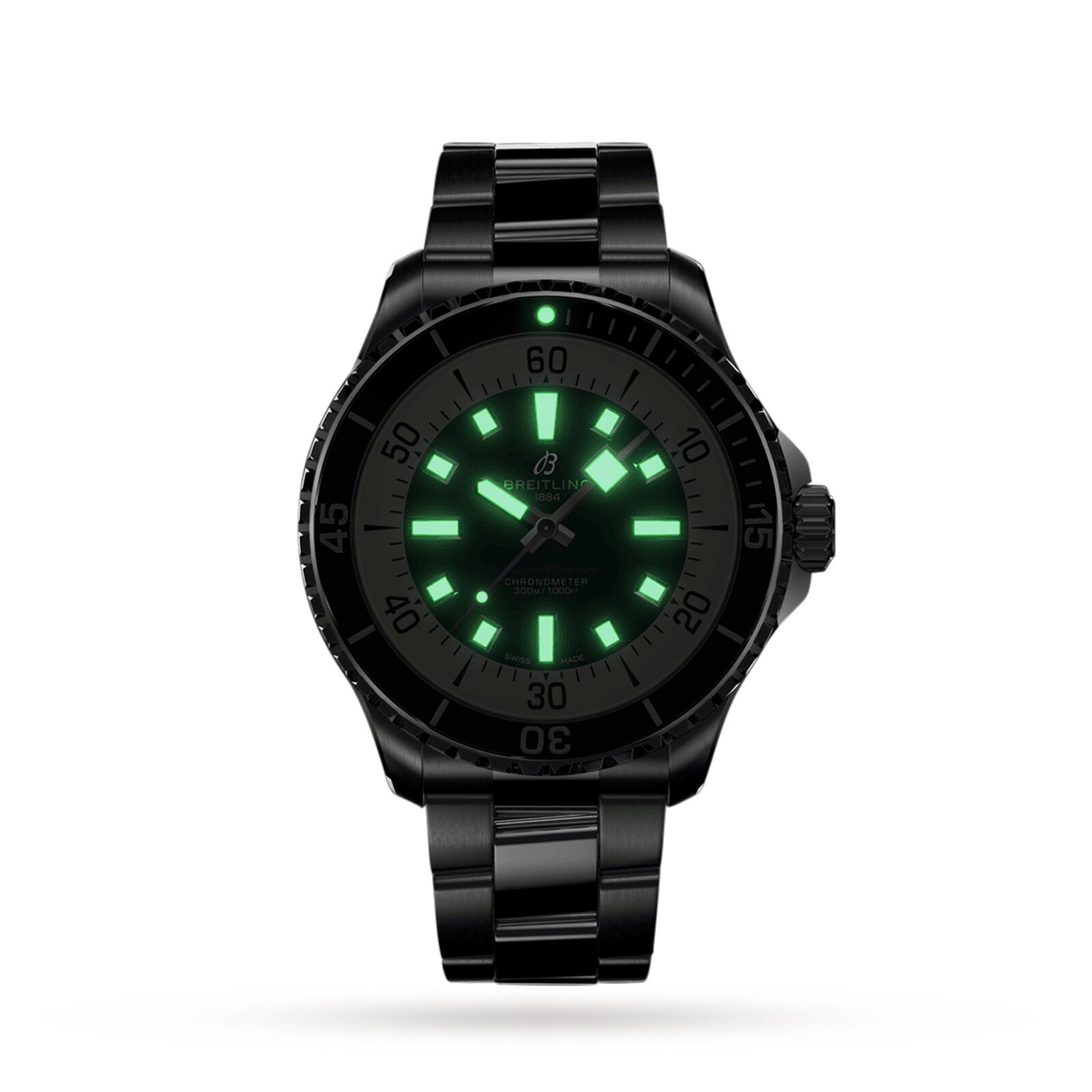 The Breitling Superocean Automatic 44 is a black dive watch with a glowing green dial and luminous hour markers and hands, powered by the automatic Breitling 17 calibre, shown against a white background.