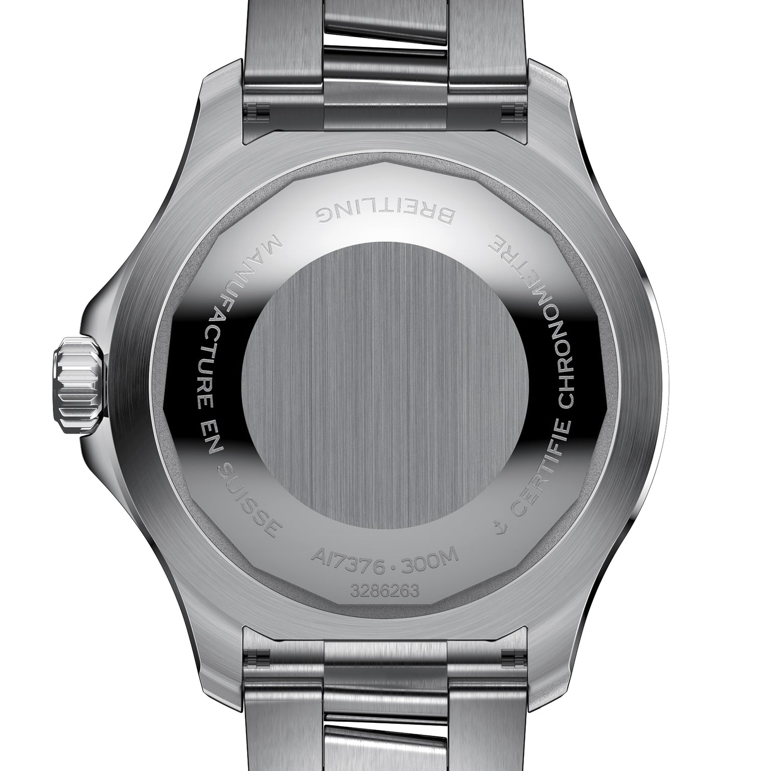 Back view of a stainless steel Breitling Superocean Automatic 44 showing engraved text around the edge, including BREITLING, MANUFACTURE EN SUISSE, CERTIFIE CHRONOMETRE, 300M water resistant, and automatic movement.