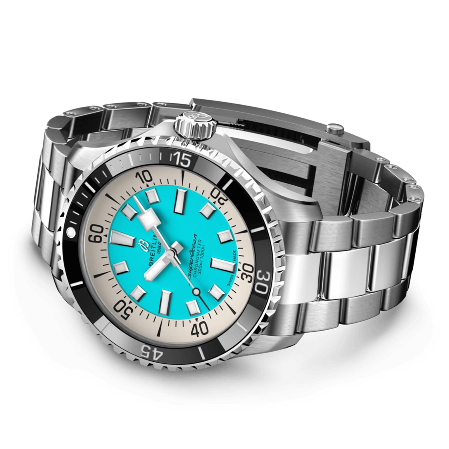 The Breitling Superocean Automatic 44 wristwatch features a silver stainless steel case, turquoise dial, black bezel, luminous hour markers, and automatic movement, displayed on a white background.