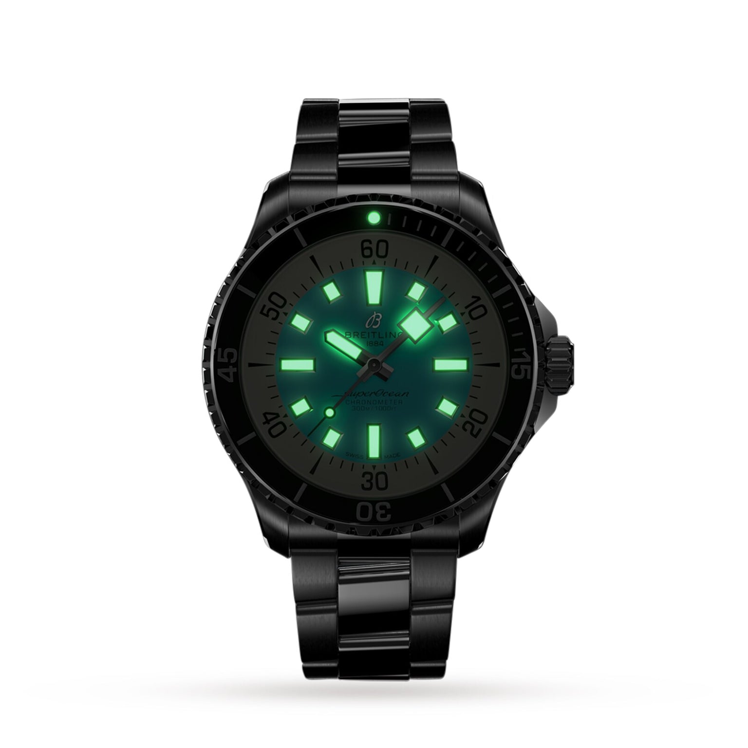 The Breitling Superocean Automatic 44 features a black dial, metal band, luminous green markers and hands, and a lit bezel. With automatic movement and water resistance, this stylish wristwatch delivers robust performance.