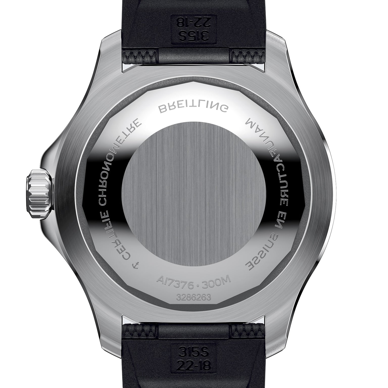 Close-up of the Breitling Superocean Automatic 44 dive watchs back, featuring engravings on its brushed stainless steel case and a black strap with prominent markings.