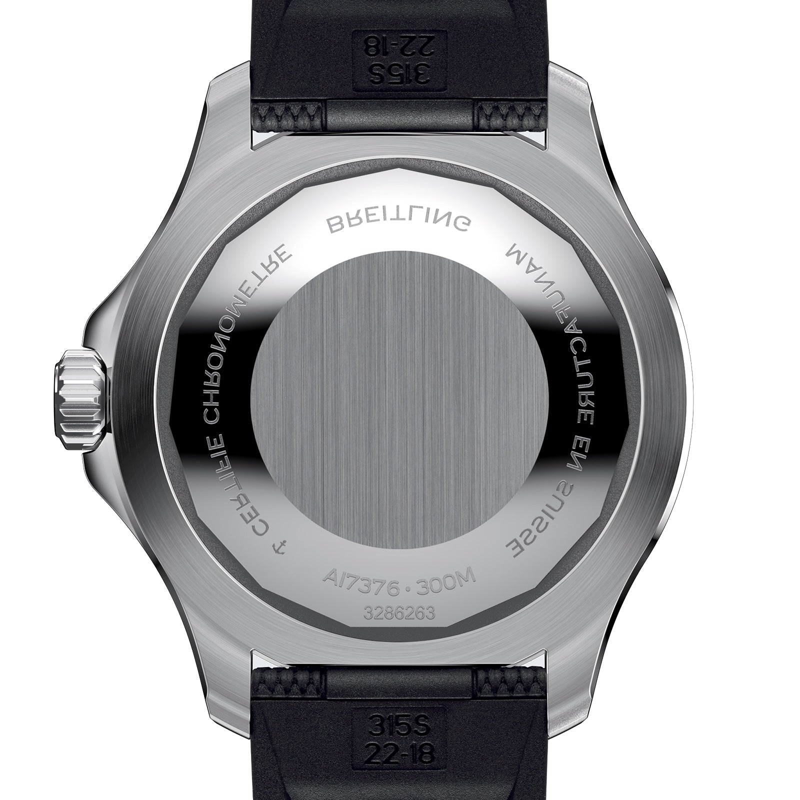 Close-up of the Breitling Superocean Automatic 44 dive watchs back, featuring engravings on its brushed stainless steel case and a black strap with prominent markings.