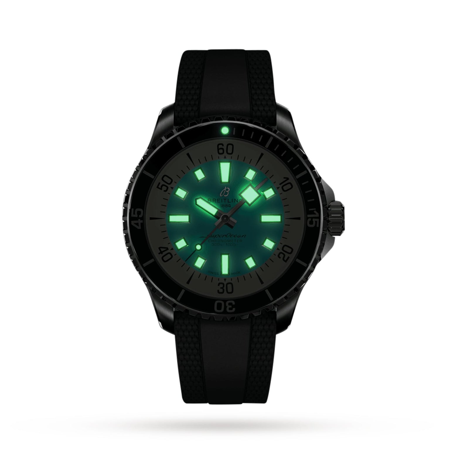The Breitling Superocean Automatic 44 dive watch has a black dial, stainless steel case, and green luminescent hour markers and hands, all displayed on a plain white background.