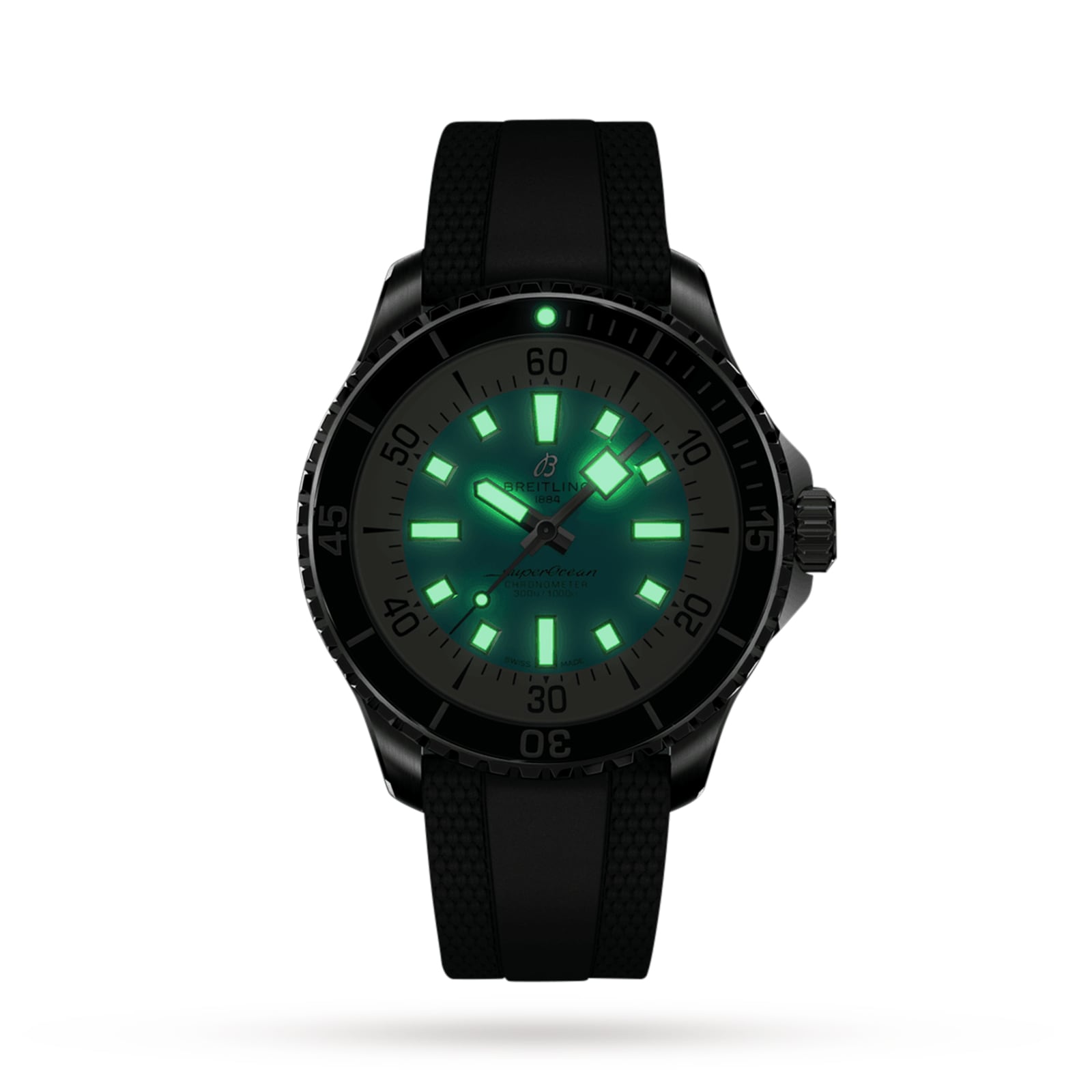 The Breitling Superocean Automatic 44 dive watch has a black dial, stainless steel case, and green luminescent hour markers and hands, all displayed on a plain white background.