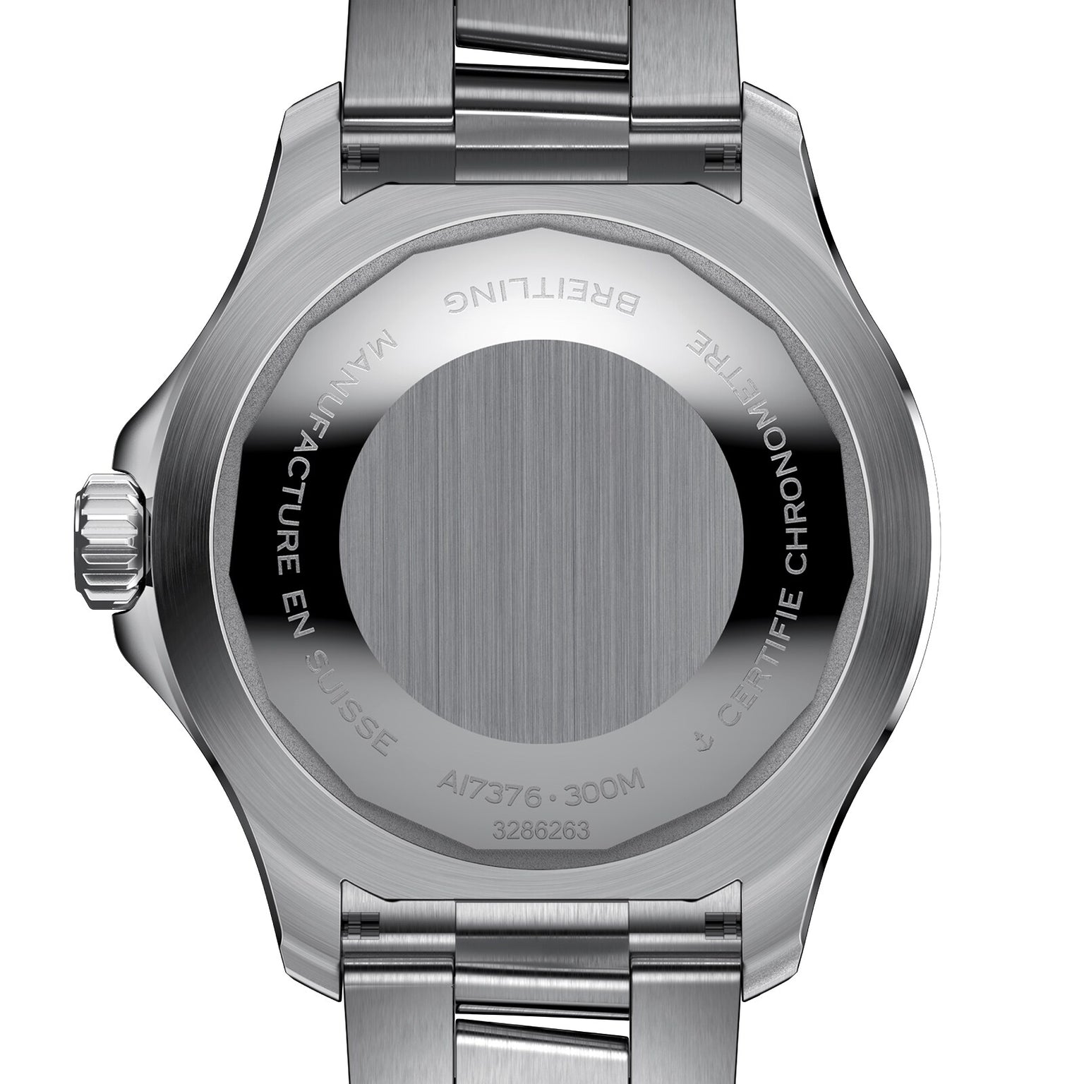 The back of the Breitling Superocean Automatic 44 displays a stainless steel case engraved with its model number, water resistance, and certification details.