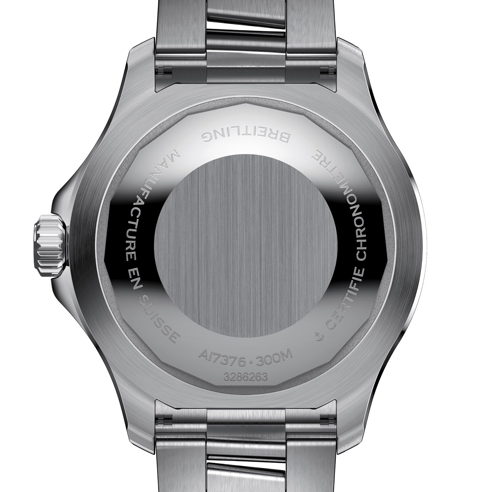 The back of the Breitling Superocean Automatic 44 displays a stainless steel case engraved with its model number, water resistance, and certification details.