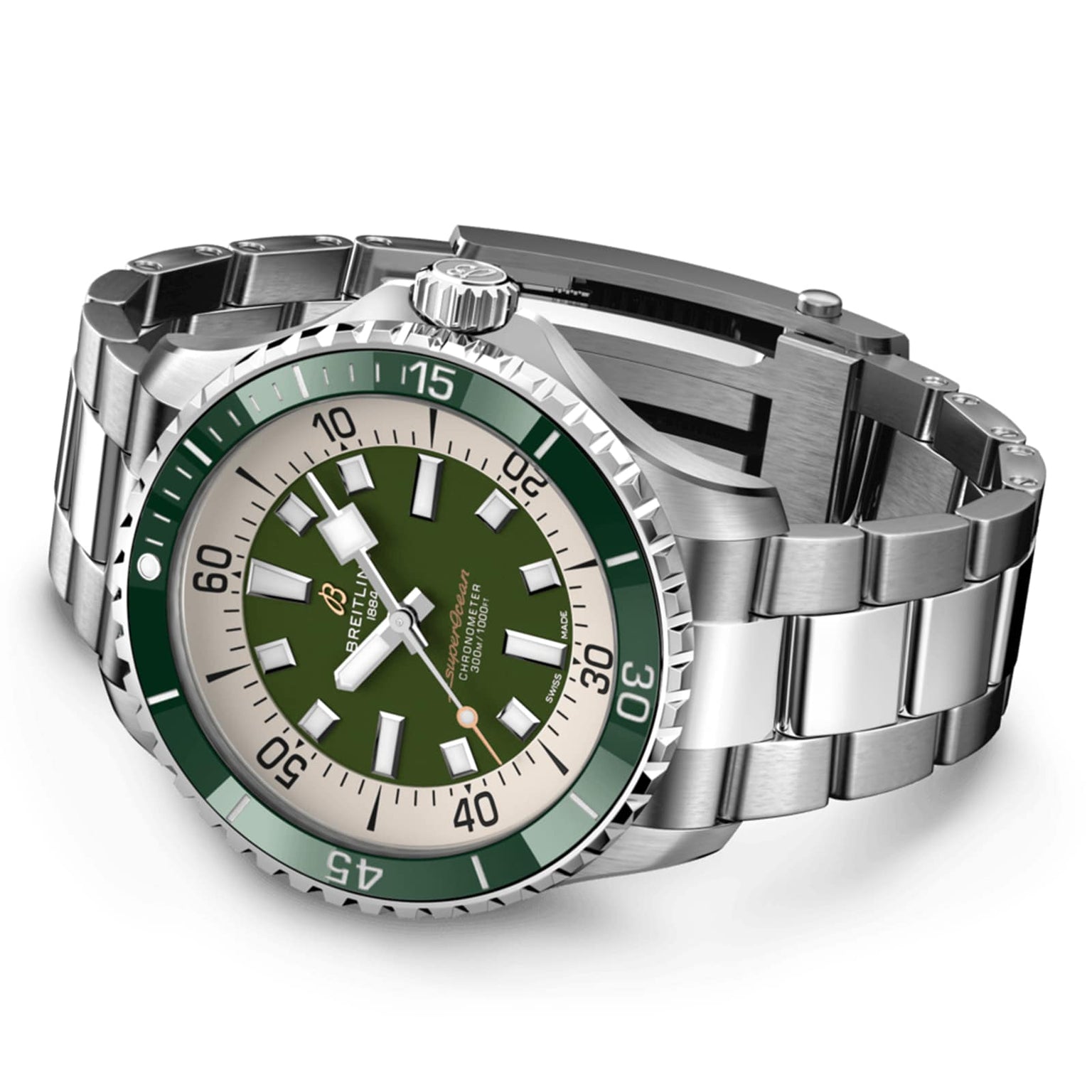 The Breitling Superocean Automatic 44, a stainless steel dive watch with a green bezel, green dial, white hour markers, and metal bracelet, is shown at an angle on a white background.
