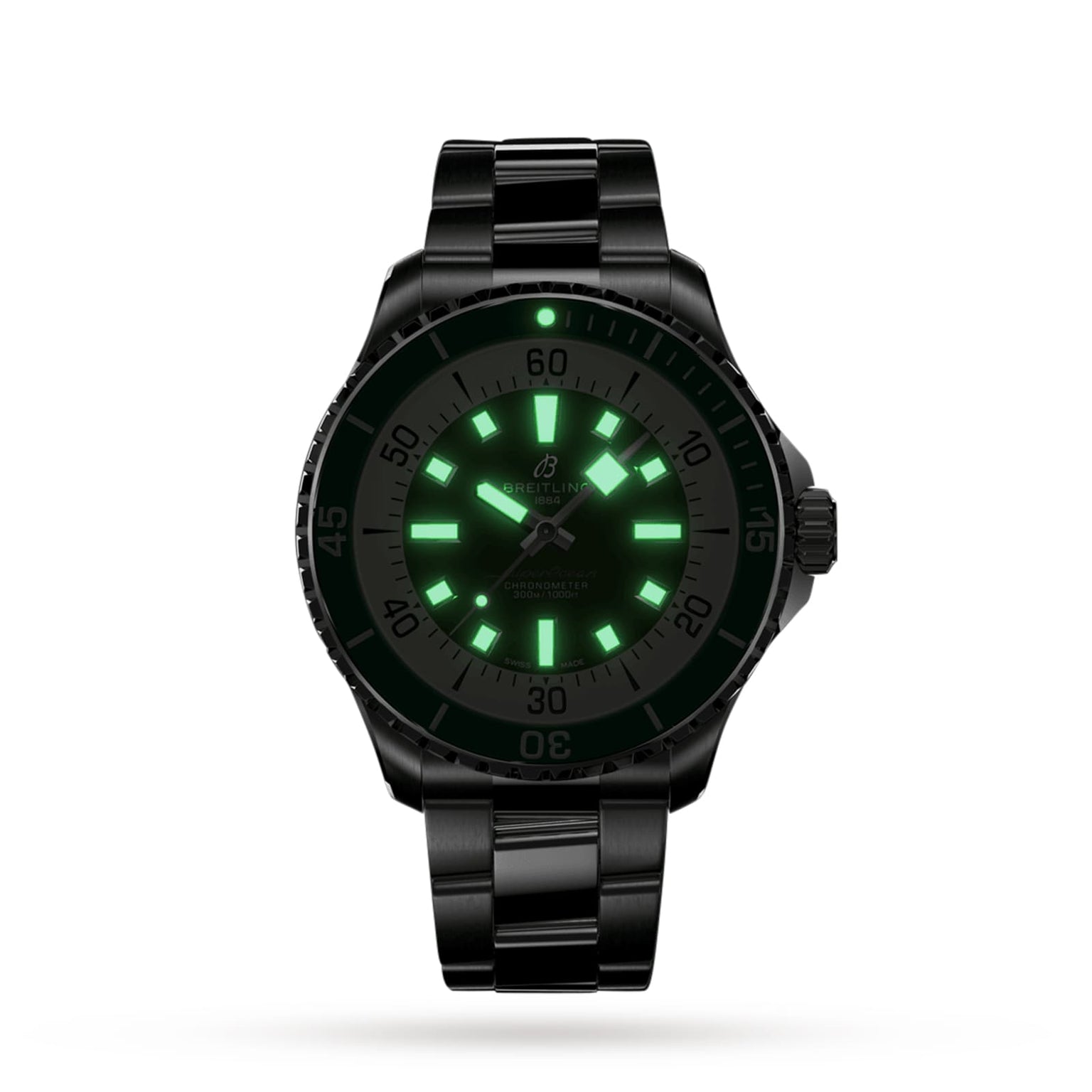 The Breitling Superocean Automatic 44 is a black dive watch with a stainless steel case, featuring green luminescent hour markers and hands on a white dial.