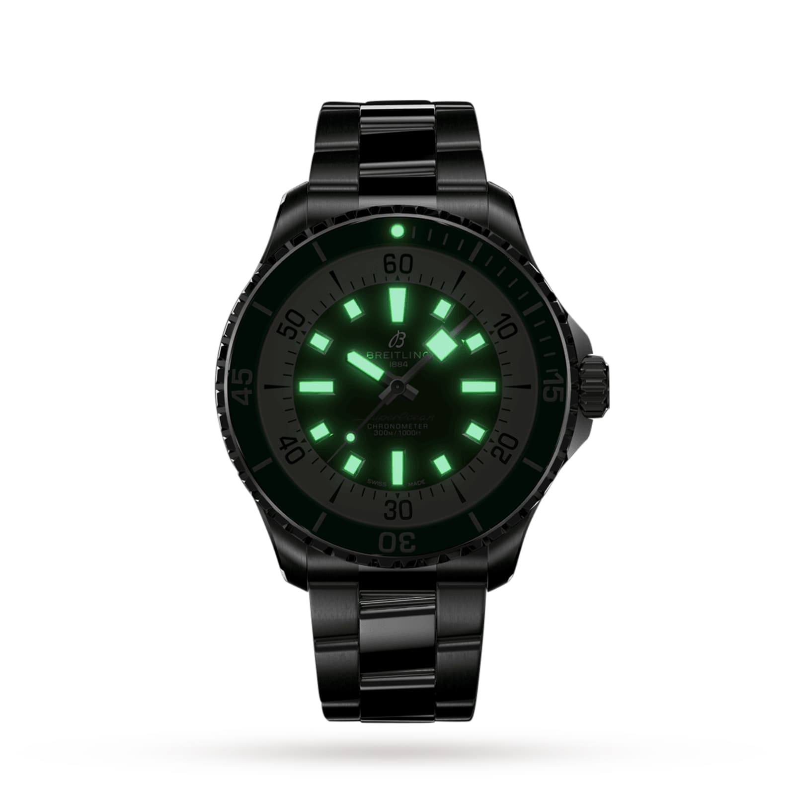 The Breitling Superocean Automatic 44 is a black dive watch with a stainless steel case, featuring green luminescent hour markers and hands on a white dial.