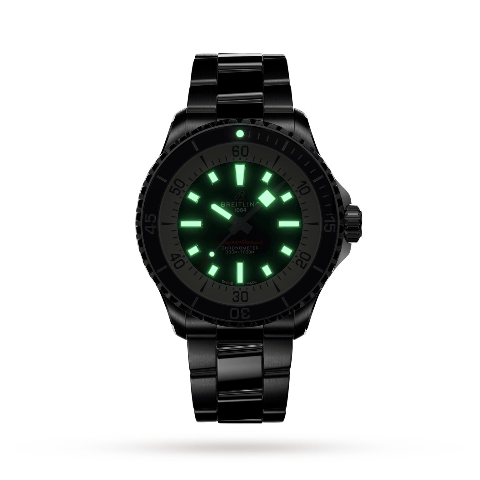 The Breitling Superocean Automatic 42 is a black dive watch with a green-glowing Super-LumiNova dial and hour markers, shown against a plain white background.