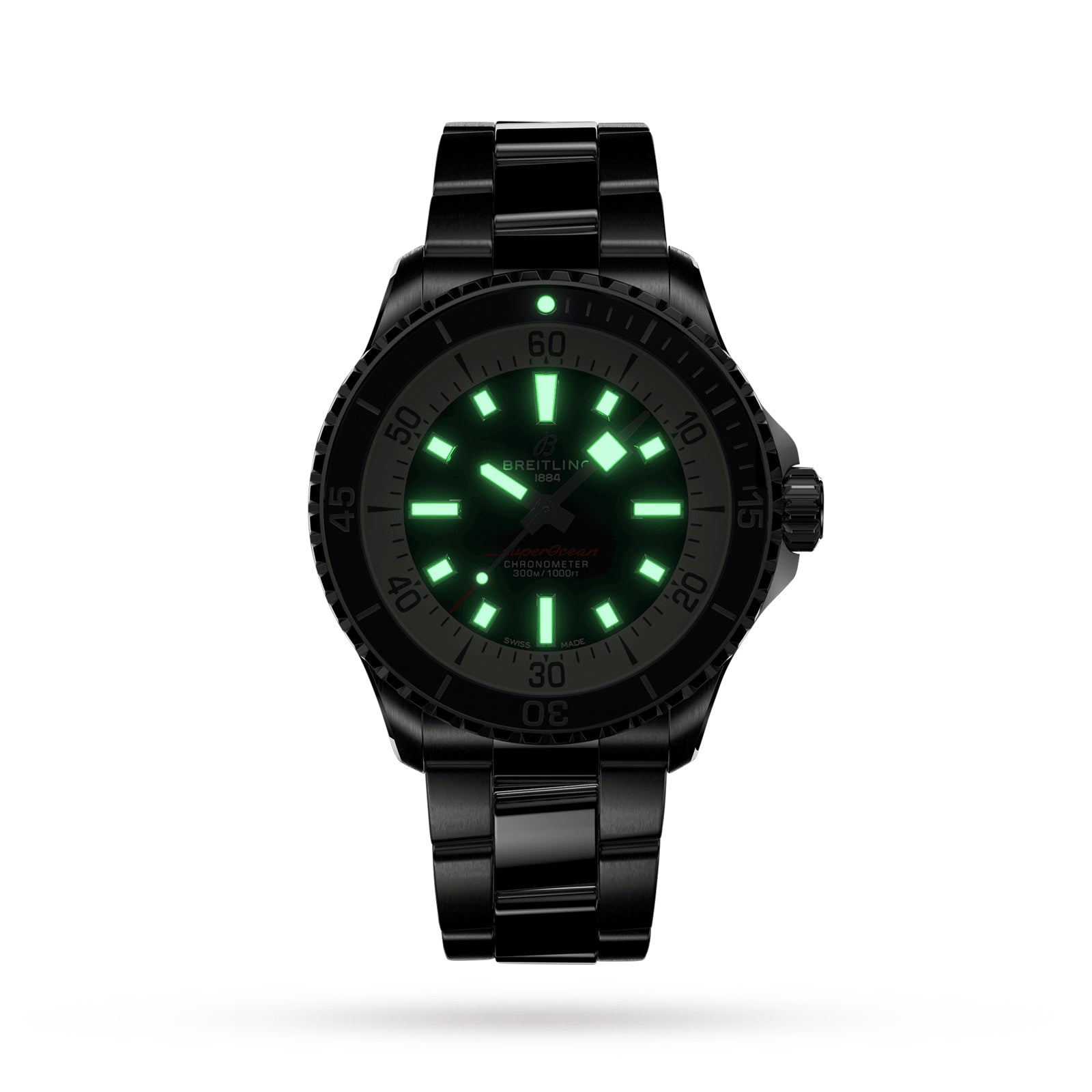The Breitling Superocean Automatic 42 is a black dive watch with a green-glowing Super-LumiNova dial and hour markers, shown against a plain white background.