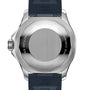 The image shows the back of a Breitling Superocean Automatic 42 watch, marked Swiss-made, water-resistant to 300m, powered by a Breitling 17 calibre, and fitted with a dark strap.